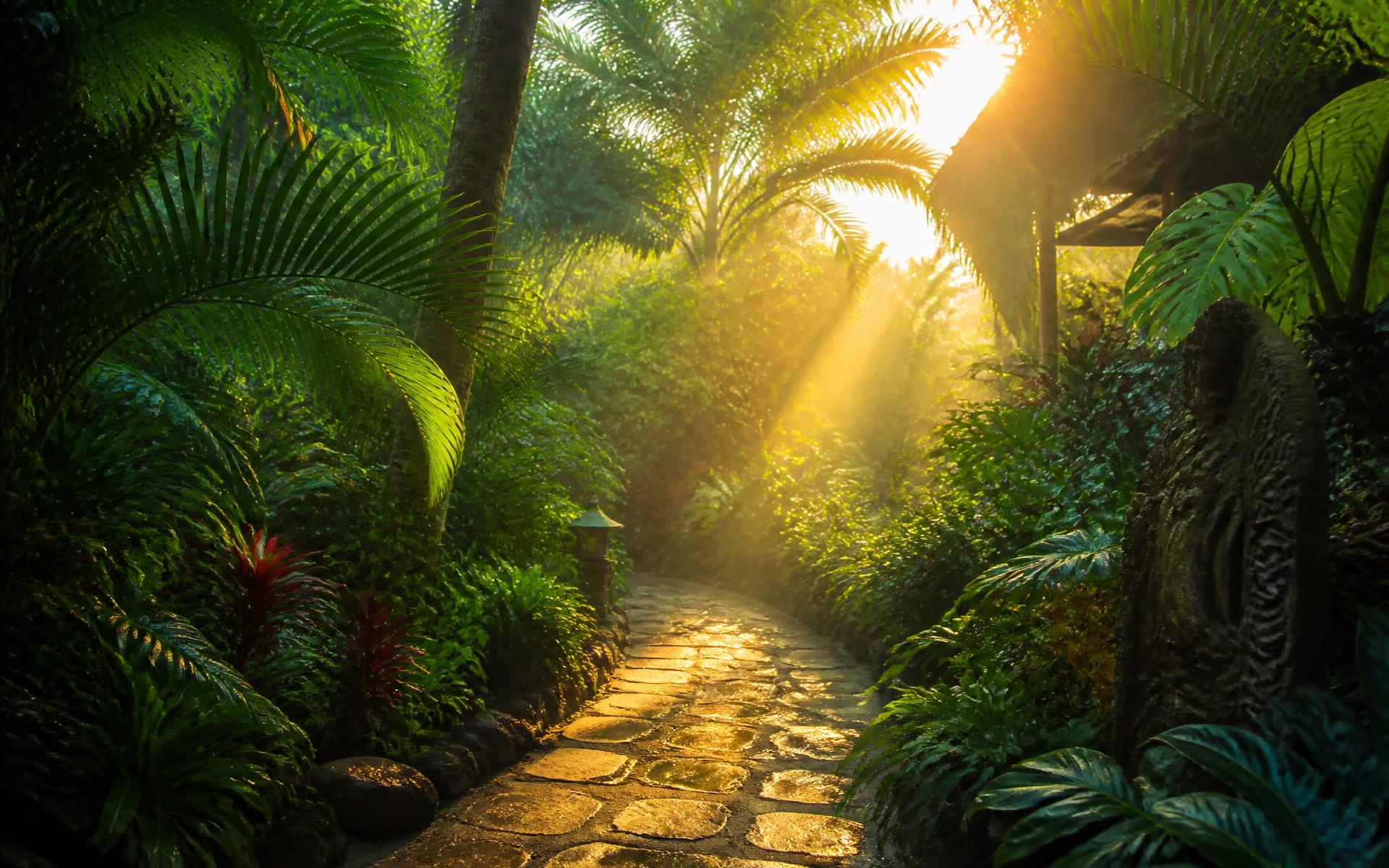 Sunlit path through a lush botanical garden sanctuary